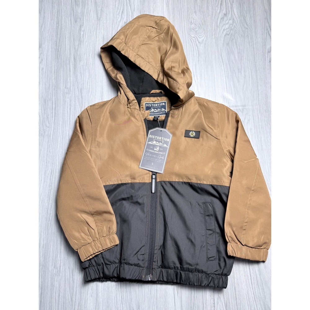 Distortion Kids Hooded Fleece Lined Windbreaker Jacket Tan Black Size S 4 NWT